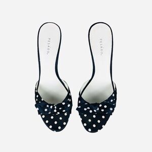 Pesáro Jaynie Navy Polka Dot Kitten Heel Open Toe Sandals with Bow 7.5